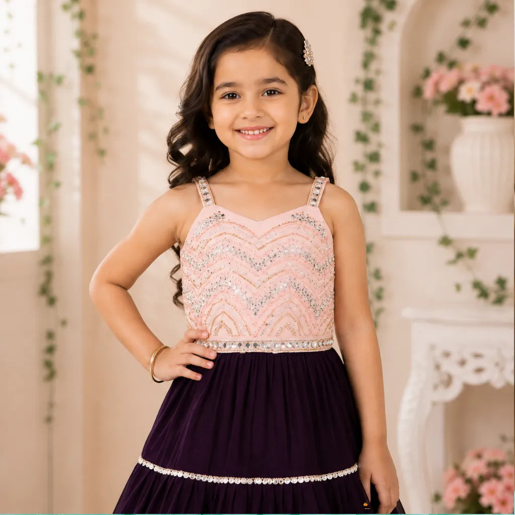 Peach Sequin Embroidered Girls Lehenga Choli