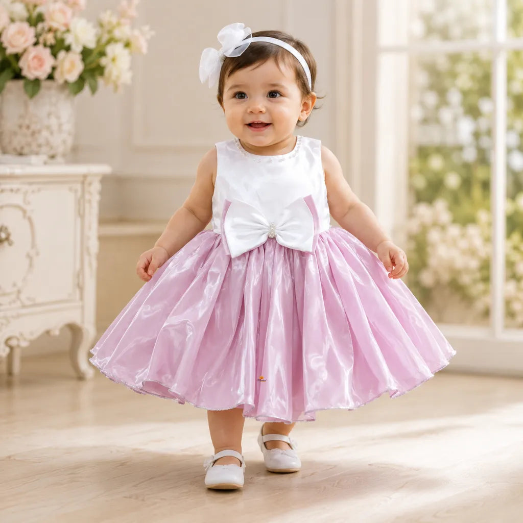 Girls Pink & White Sleeveless Partywear Dress