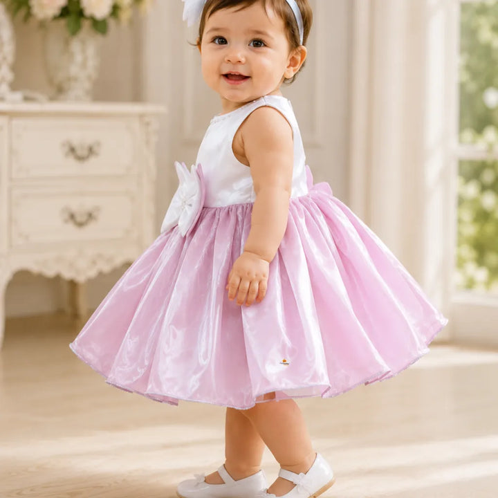 Girls Pink & White Sleeveless Partywear Dress