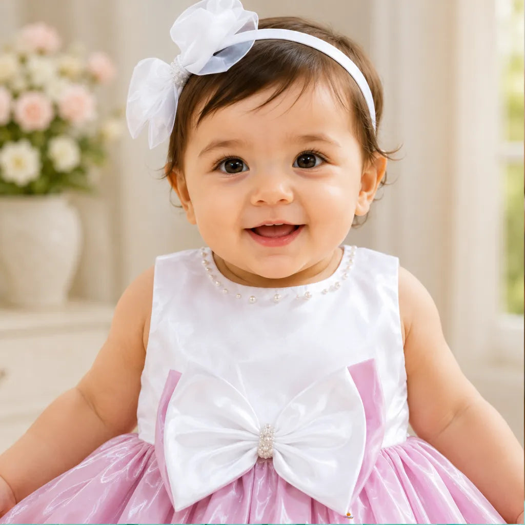 Girls Pink & White Sleeveless Partywear Dress