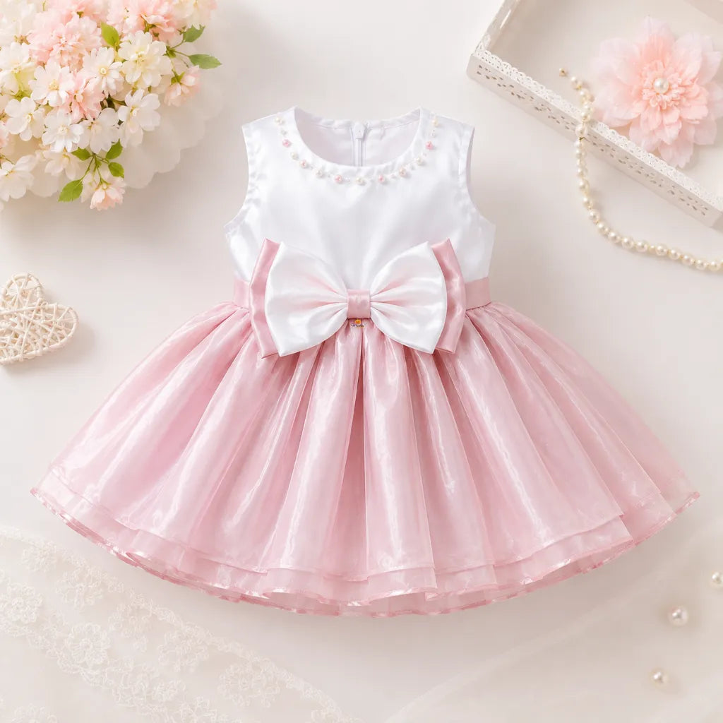 Girls Pink & White Sleeveless Partywear Dress