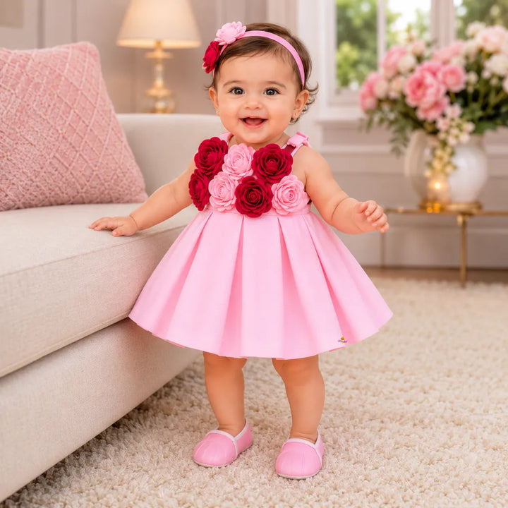 Girls Designer Pink Party Dress with Rosette Detail