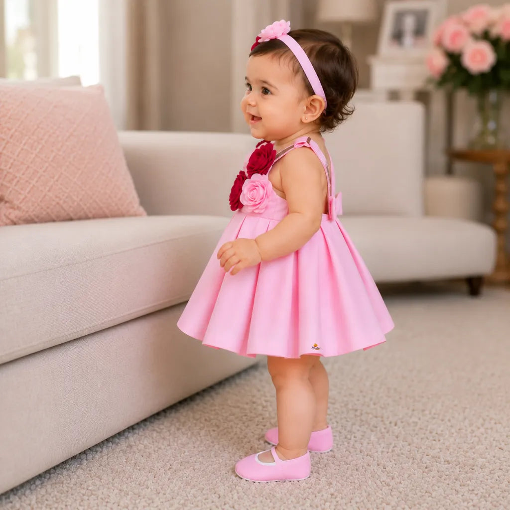 Girls Designer Pink Party Dress with Rosette Detail