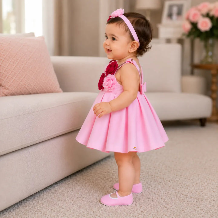 Girls Designer Pink Party Dress with Rosette Detail