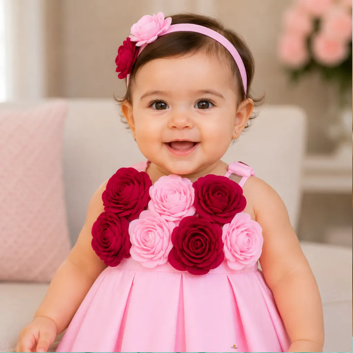 Girls Designer Pink Party Dress with Rosette Detail