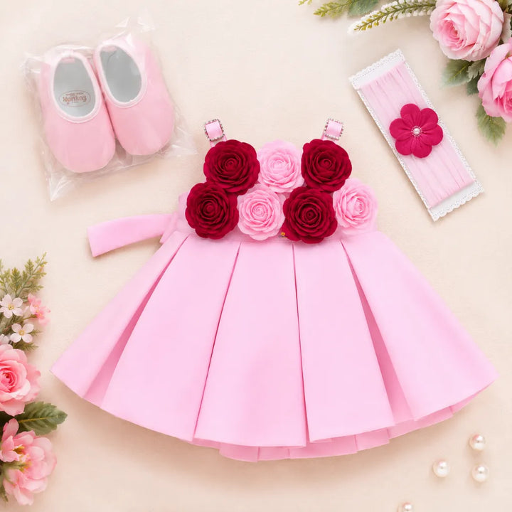 Girls Designer Pink Party Dress with Rosette Detail
