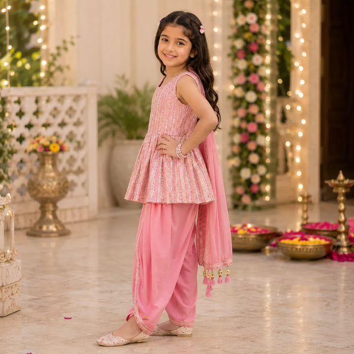 Pink & Pista Girls Dhoti Kurta Set