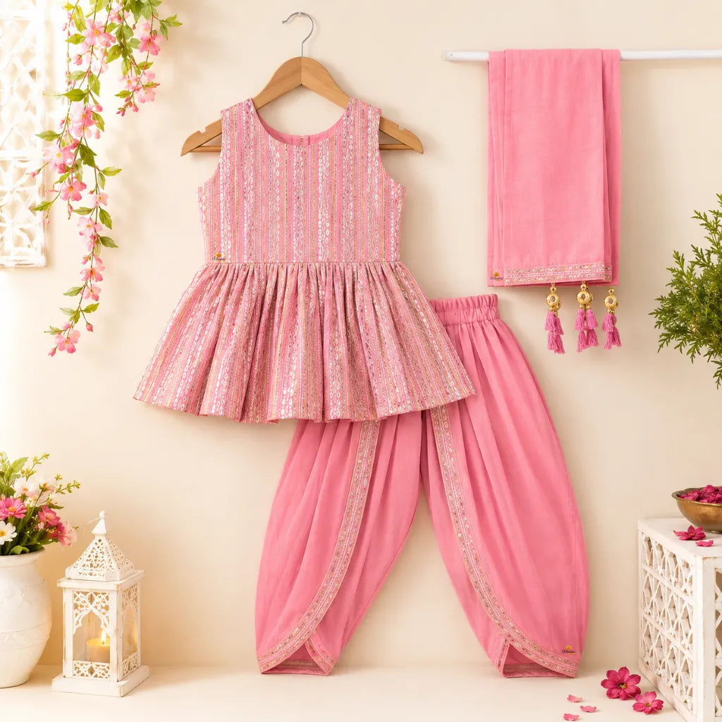 Pink & Pista Girls Dhoti Kurta Set