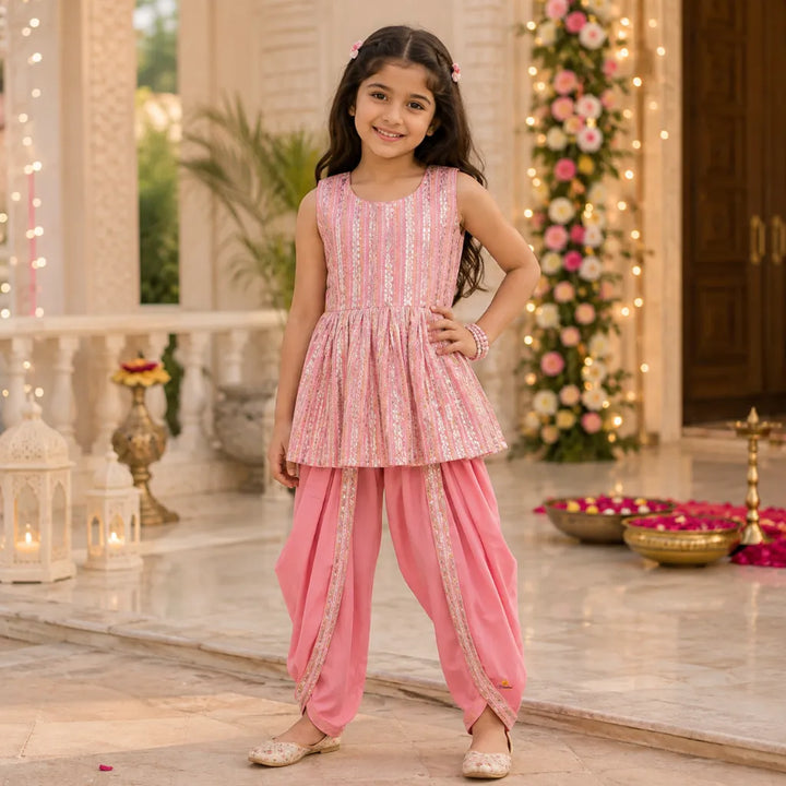 Pink & Pista Girls Dhoti Kurta Set