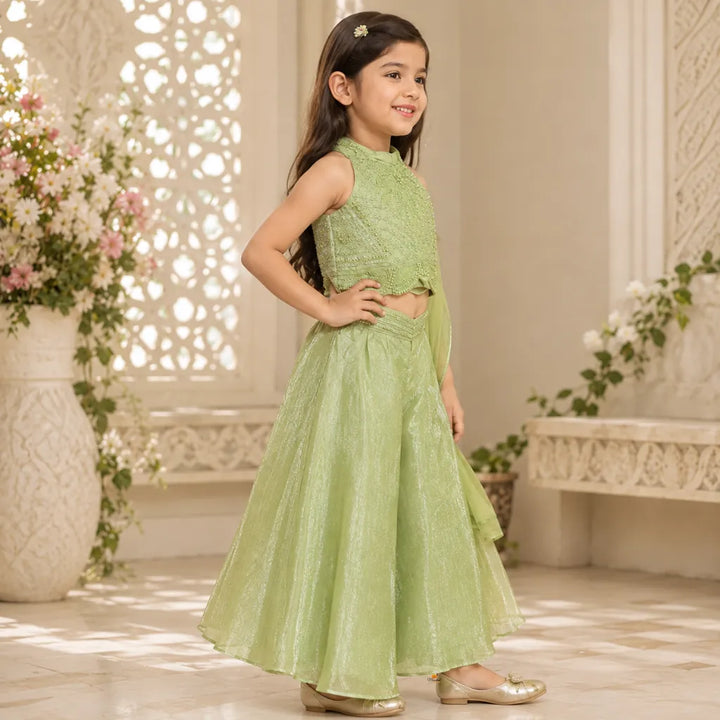 Pista Green Embroidered Palazzo Choli Set for Girls