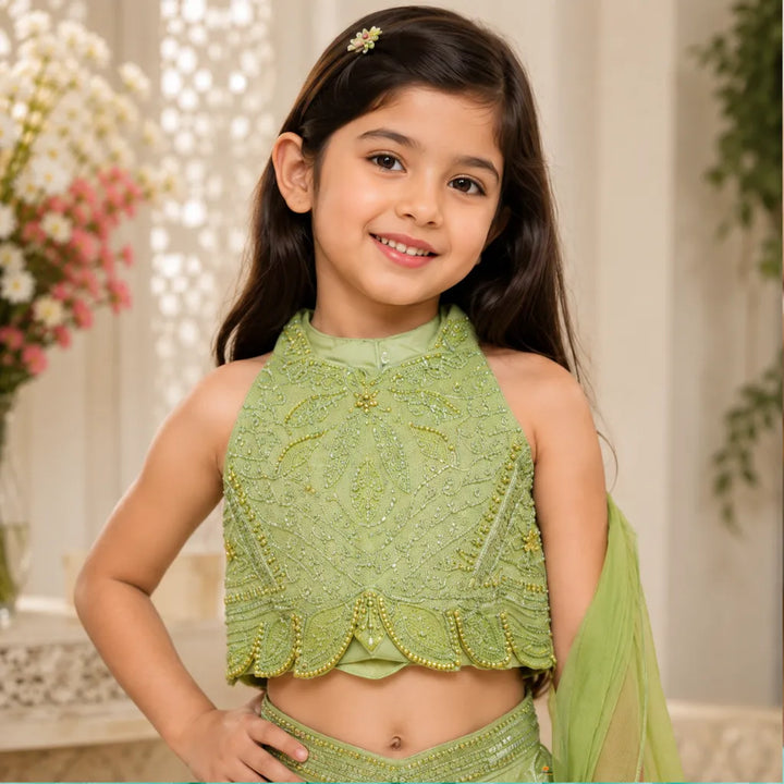 Pista Green Embroidered Palazzo Choli Set for Girls