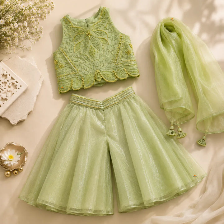 Pista Green Embroidered Palazzo Choli Set for Girls