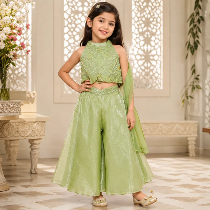 Pista Green Embroidered Palazzo Choli Set for Girls