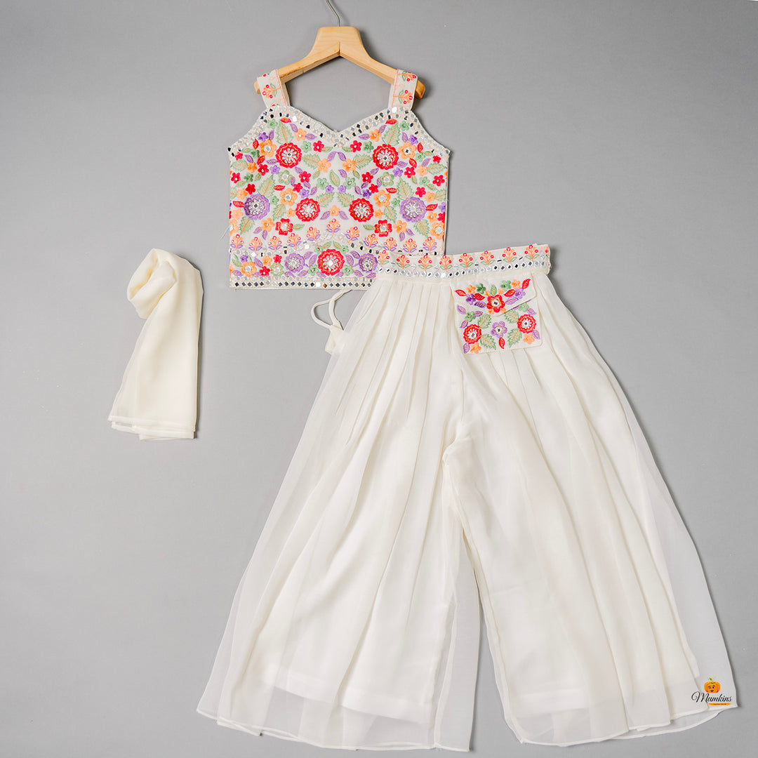 White Floral Pattern Palazzo Suit for Girls
