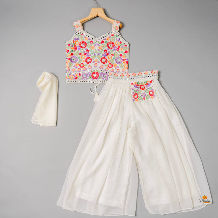 White Floral Pattern Palazzo Suit for Girls