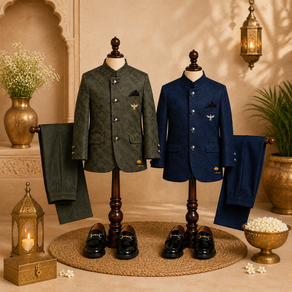 Blue & Green Floral Jodhpuri Suits for Boys