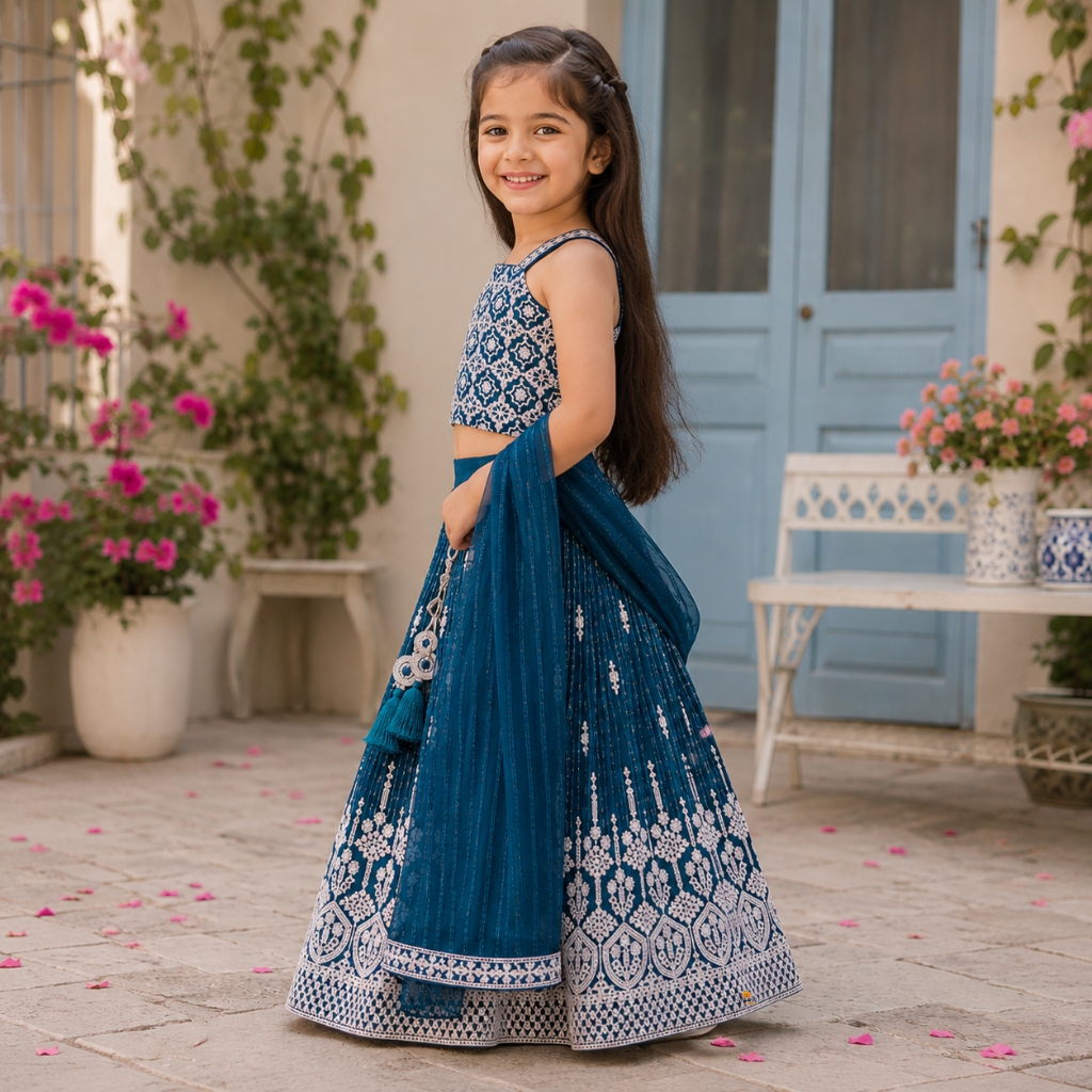 Rama Embroidered Lehenga Choli for Girls