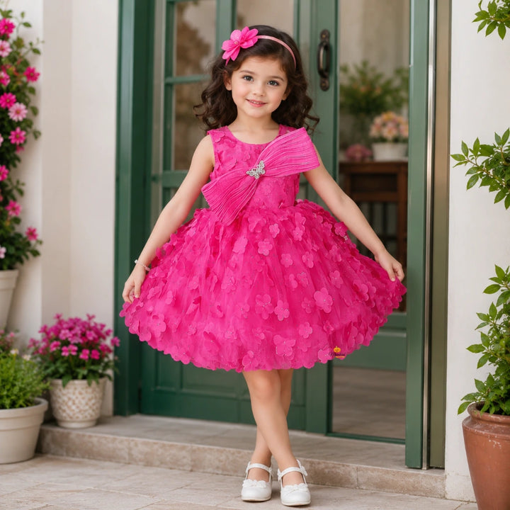 Rani Pink Frock for Girls with Bow & Butterfly Accent
