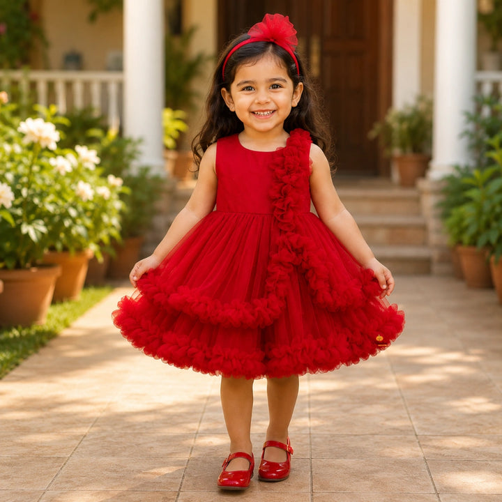 Ruffle & Floral Detailing Frock for Girls