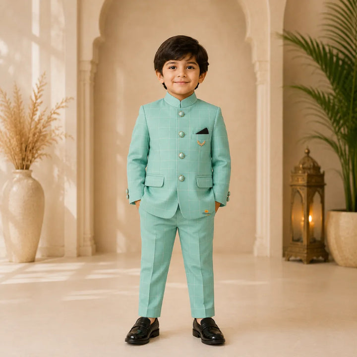 Sea Green Checks Jodhpuri Suit for Boys