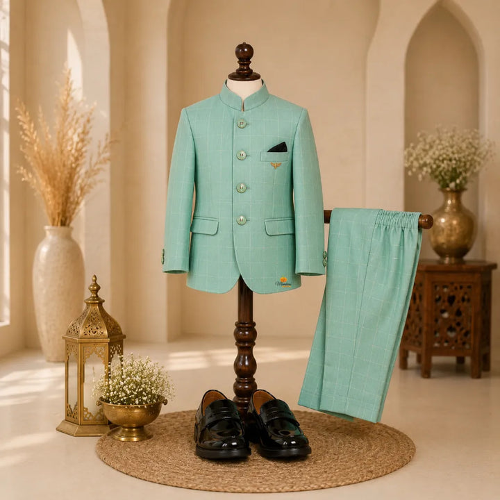 Sea Green Checks Jodhpuri Suit for Boys