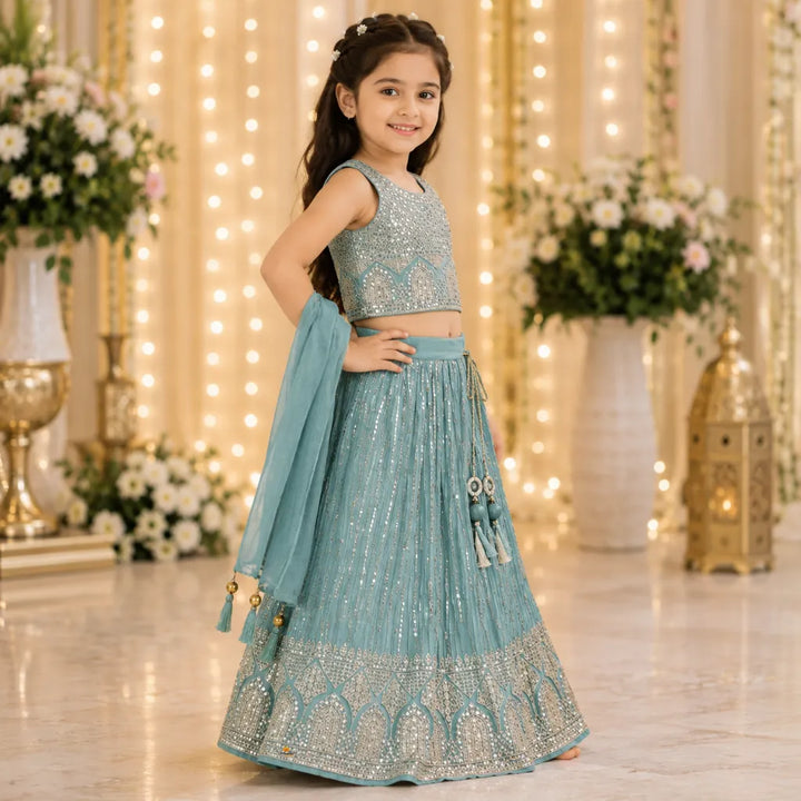 Sea Green Embroidered Lehenga Choli for Girls