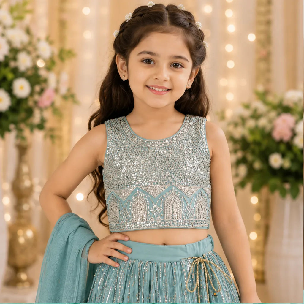 Sea Green Embroidered Lehenga Choli for Girls