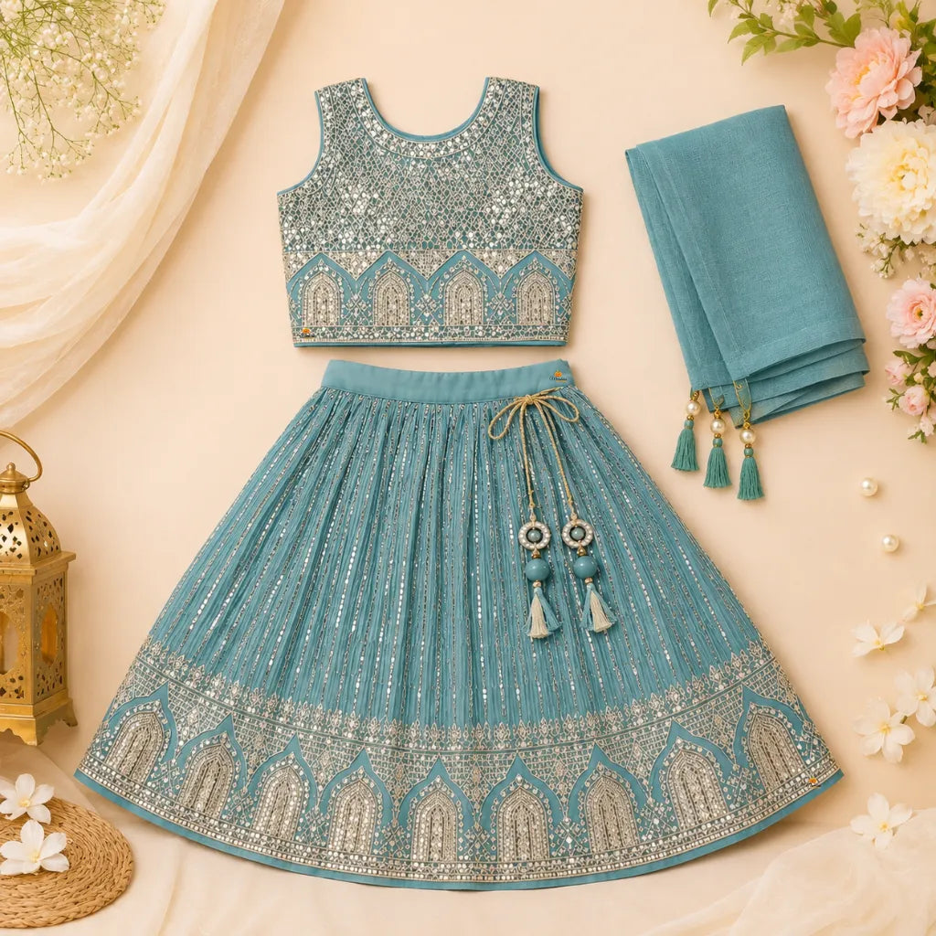 Sea Green Embroidered Lehenga Choli for Girls