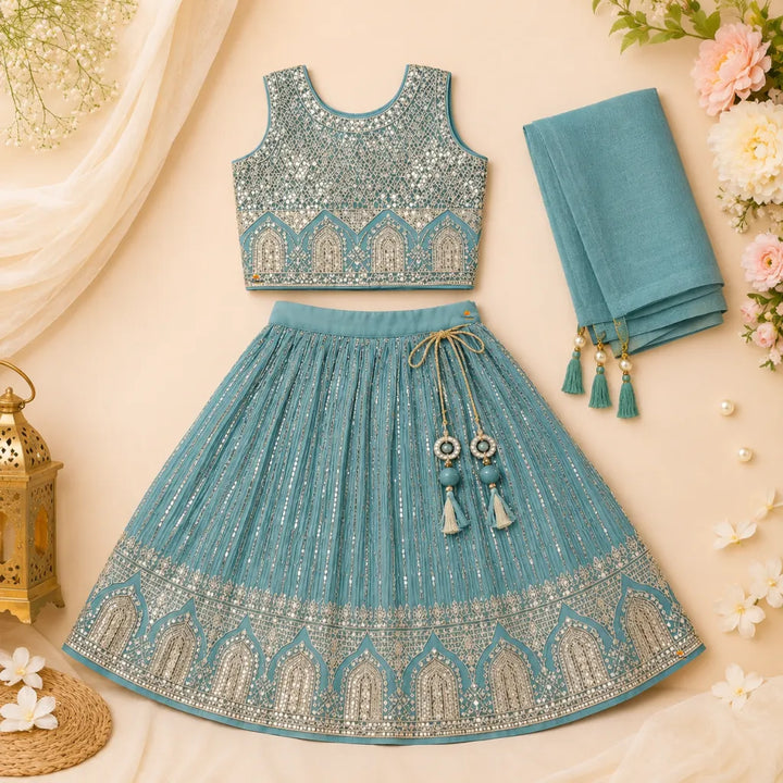 Sea Green Embroidered Lehenga Choli for Girls