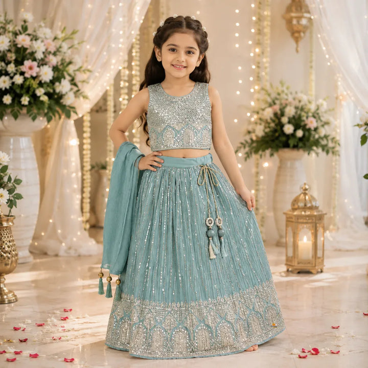 Sea Green Embroidered Lehenga Choli for Girls
