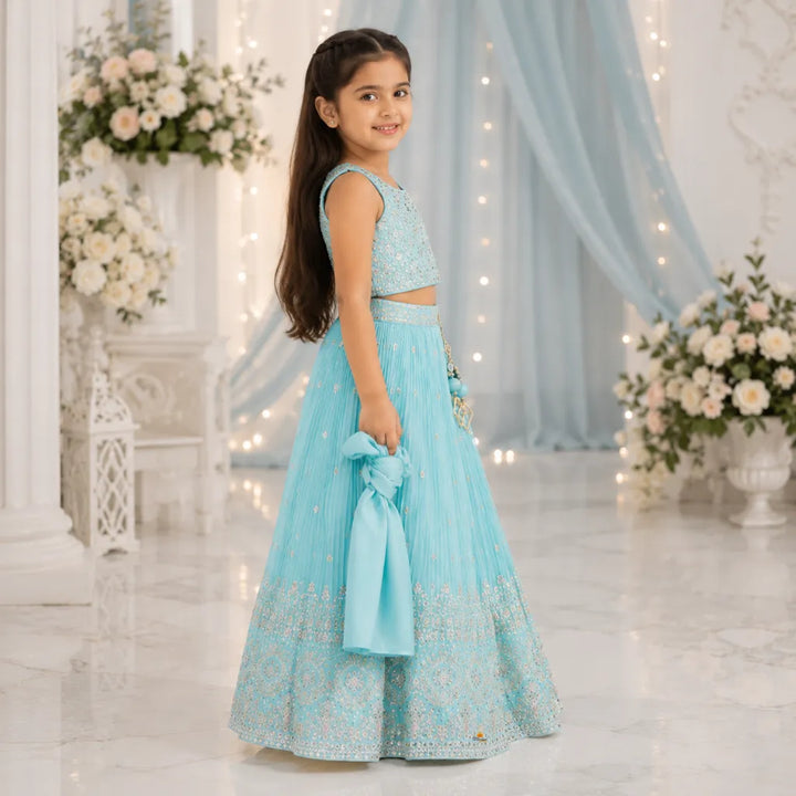 Sea Green Girls Lehenga Choli with Dupatta