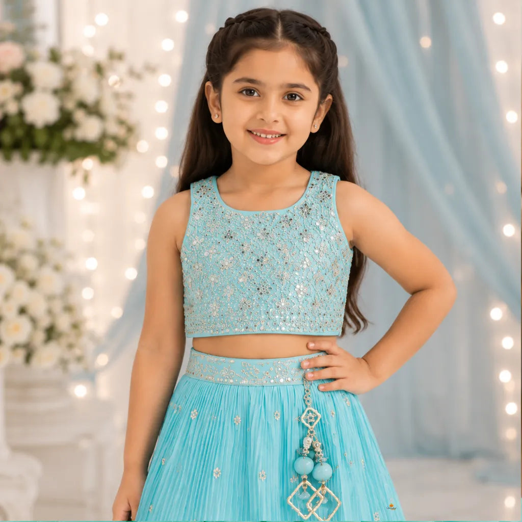 Sea Green Girls Lehenga Choli with Dupatta