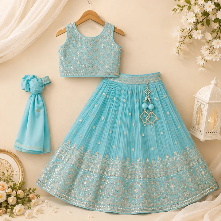 Sea Green Girls Lehenga Choli with Dupatta