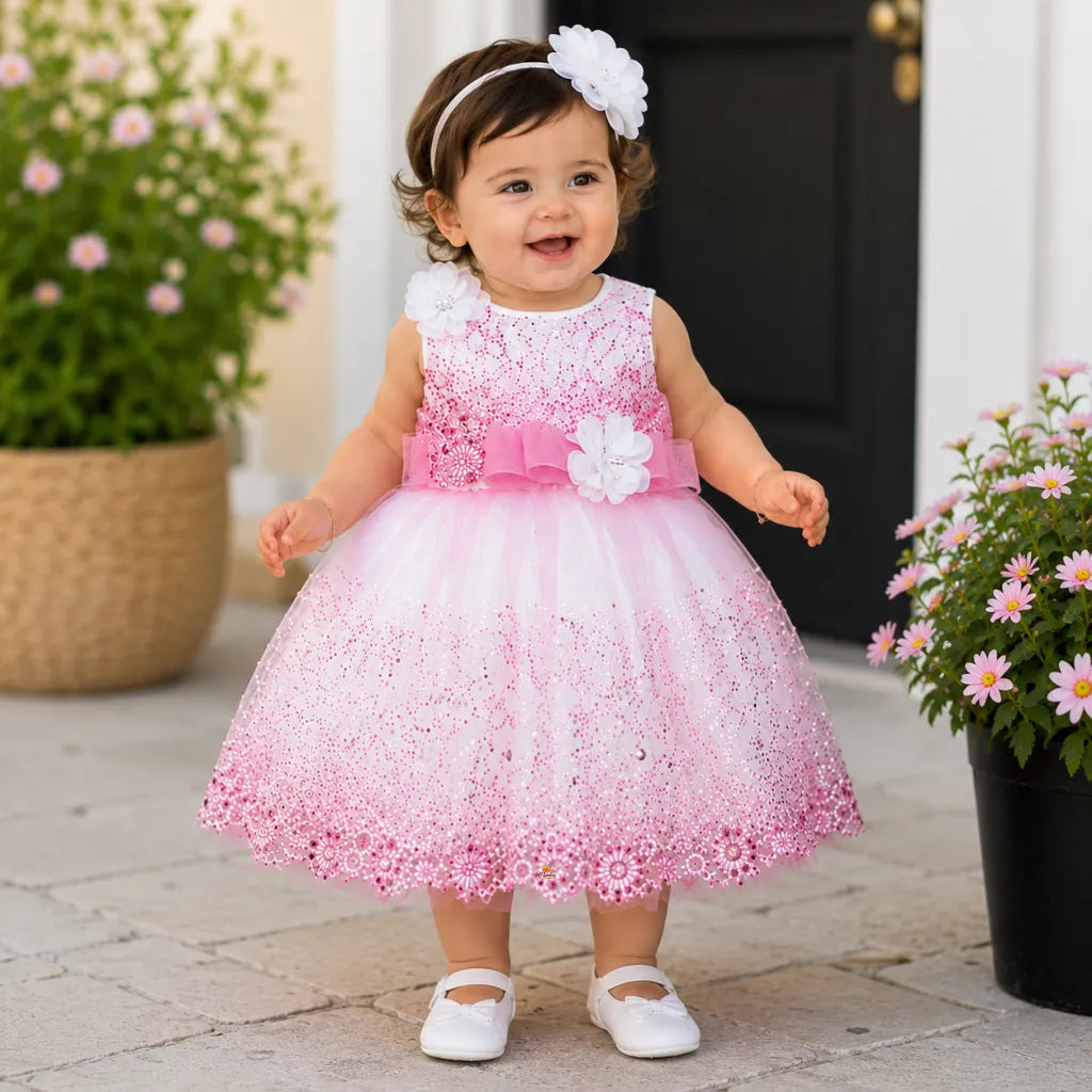 Girls Glitter Partywear Frock with Floral Accent