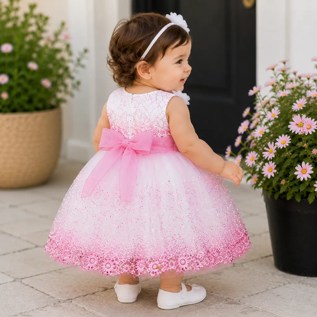 Girls Glitter Partywear Frock with Floral Accent