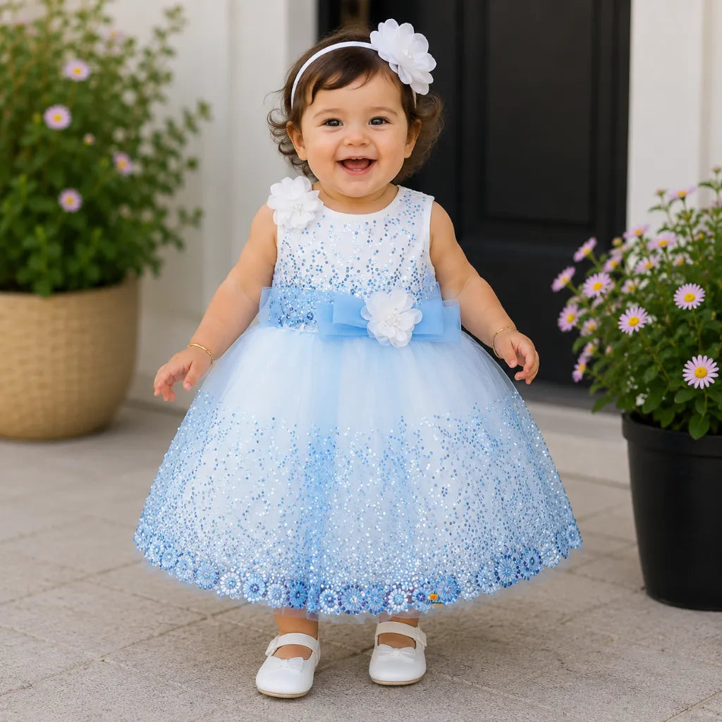 Girls Glitter Partywear Frock with Floral Accent