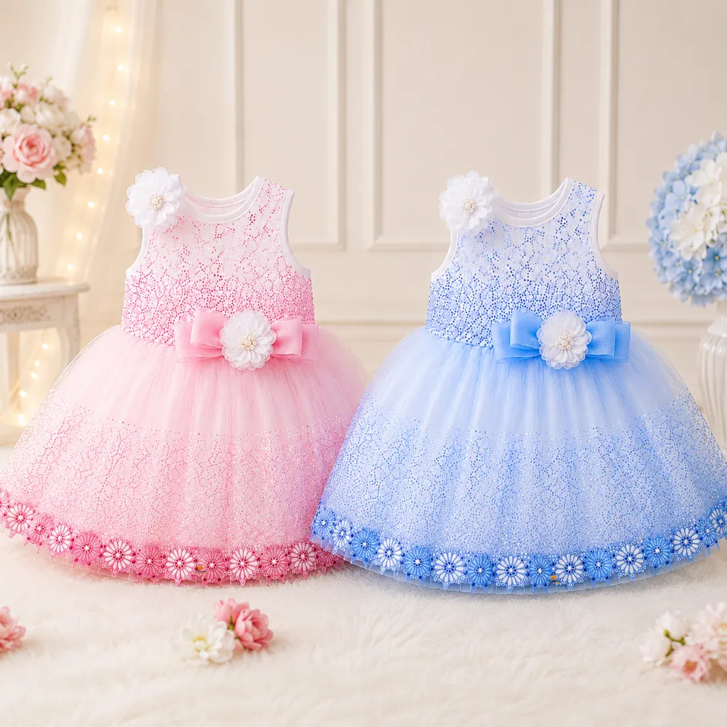 Girls Glitter Partywear Frock with Floral Accent