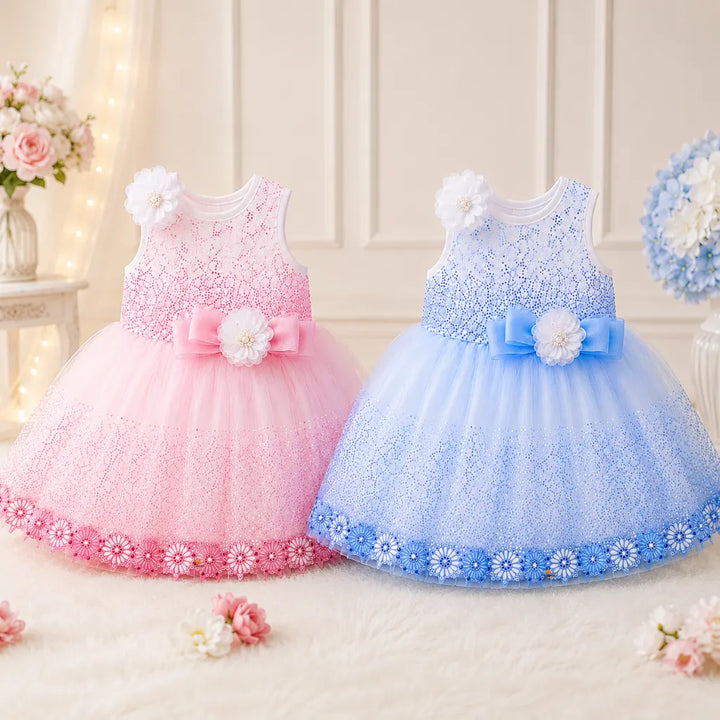 Girls Glitter Partywear Frock with Floral Accent