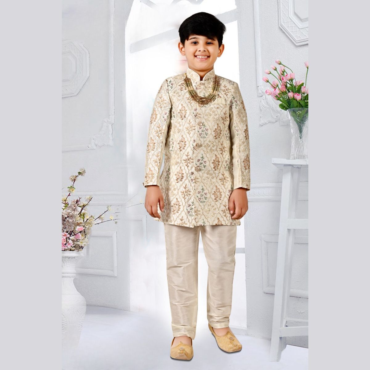 Green Banarasi Jacquard Kids Indo Western Suit 267572