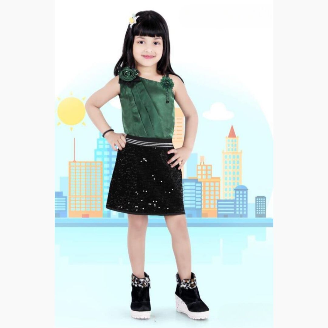 Green Sequin Skirt and Top for Girls Front 