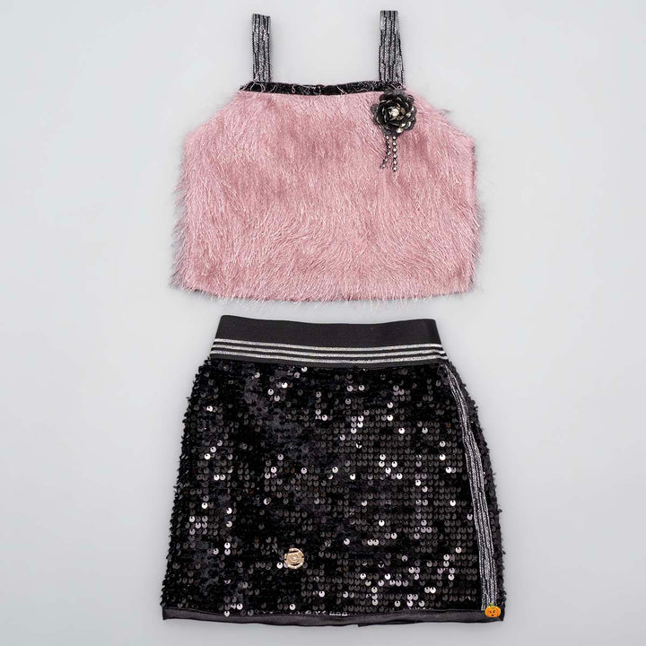 Peach Sequin Skirt and Furry Girls Top Front View