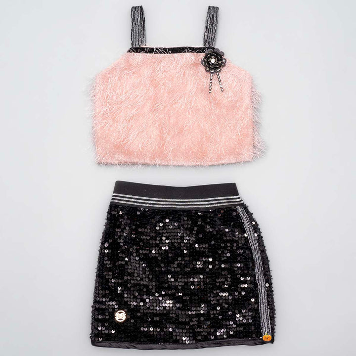 Peach Sequin Skirt and Furry Girls Top Front View