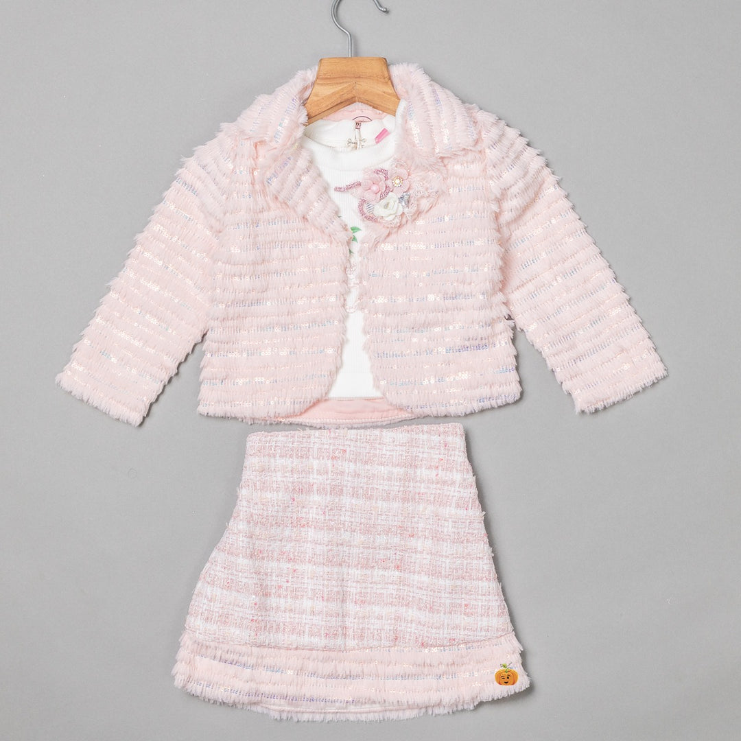 Onion Colored Furry Skirt & Top with Jacket for Girls