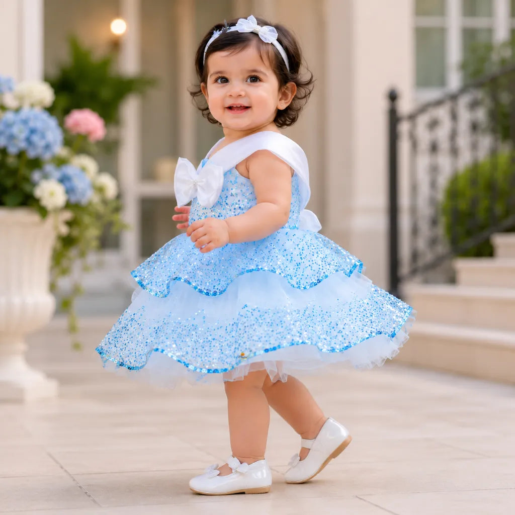 Sky Blue Sleeveless Partywear Frock for Girls