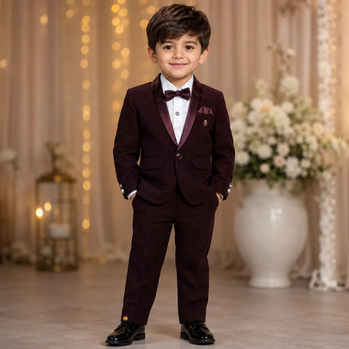 Solid Wine Boys Tuxedo with Bow