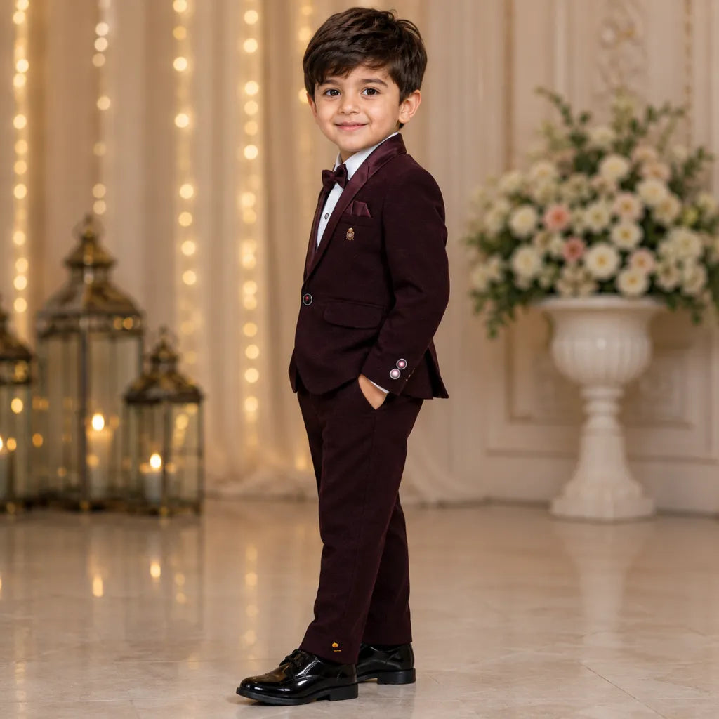 Solid Wine Boys Tuxedo with Bow