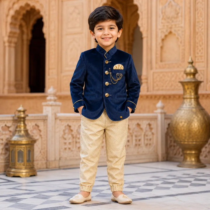 Navy Blue Velvet Jodhpuri Suit for Boys
