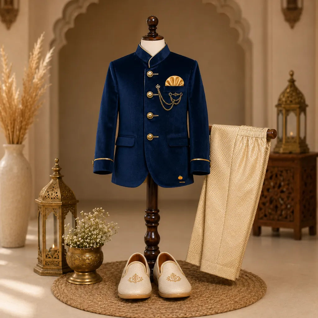 Navy Blue Velvet Jodhpuri Suit for Boys