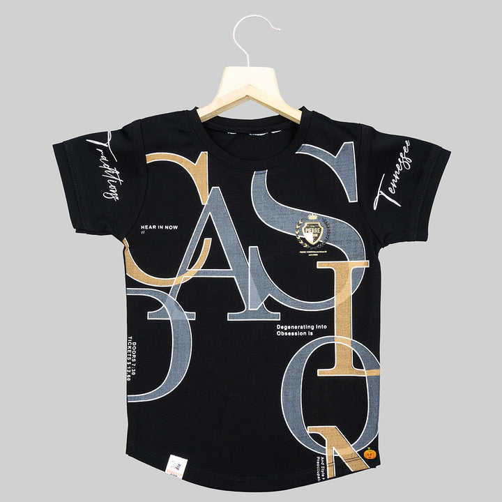 Black & Navy Blue Typography Boys T-shirt Front View