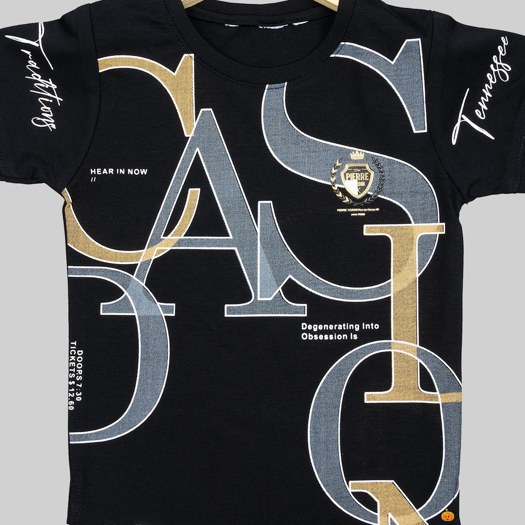 Black & Navy Blue Typography Boys T-shirt Close Up View